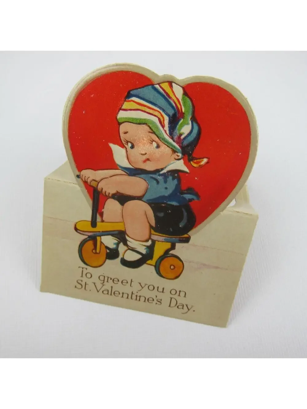 Vintage Valentine Card Cutout Stand Up Boy Cap Riding Tricycle Bavaria UNSIGNED